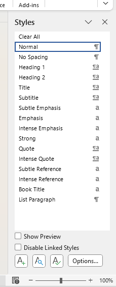 Styles list pane in Word